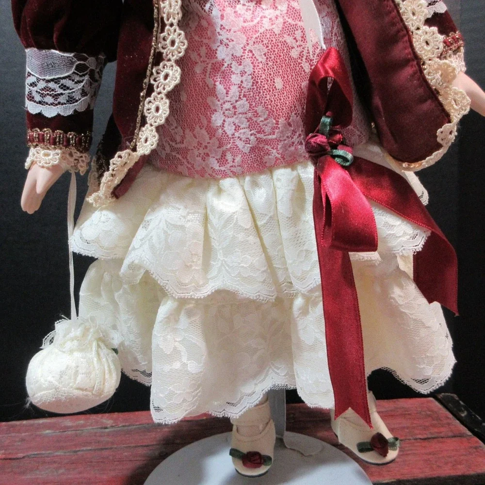 VTG Porcelain Doll in Victorian Burgundy Velvet & Lace Dress with Hat - 16